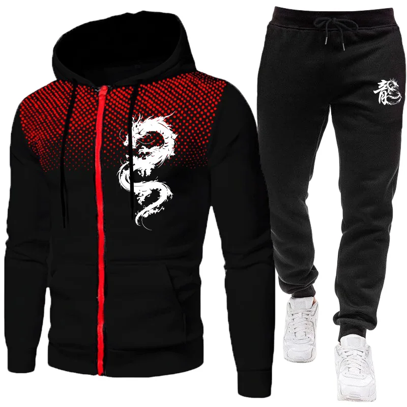 Winter Clothing Hoodie - Herren Paris Drachenmuster Mode-Print-Set Zweiteiliges Set