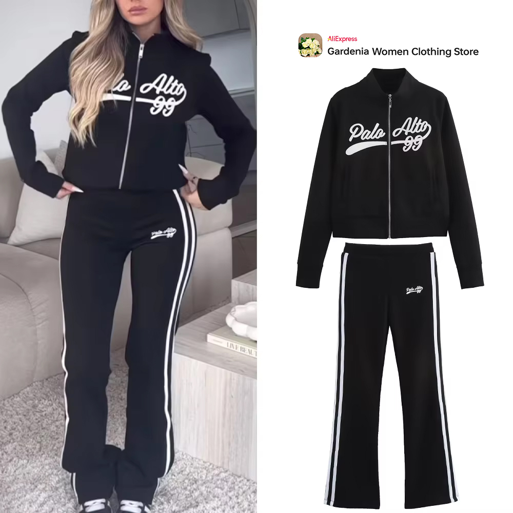Winter Clothing Design - Lässiges schwarzes Varsity-Sportset für Damen, hochgeschlossene,