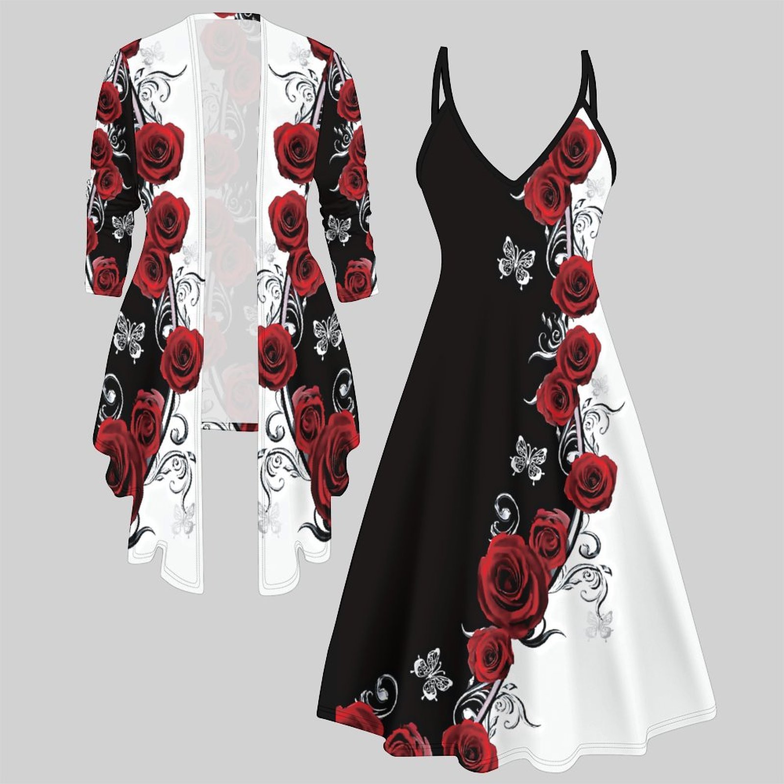 Winter Clothing Design - Bedrucktes Zweiteiler-Set Damen Midi-Kleid 3/4-Ärmel Strickjacke